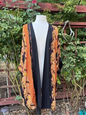 Vintage Black Kimono with Orange Paisley Print